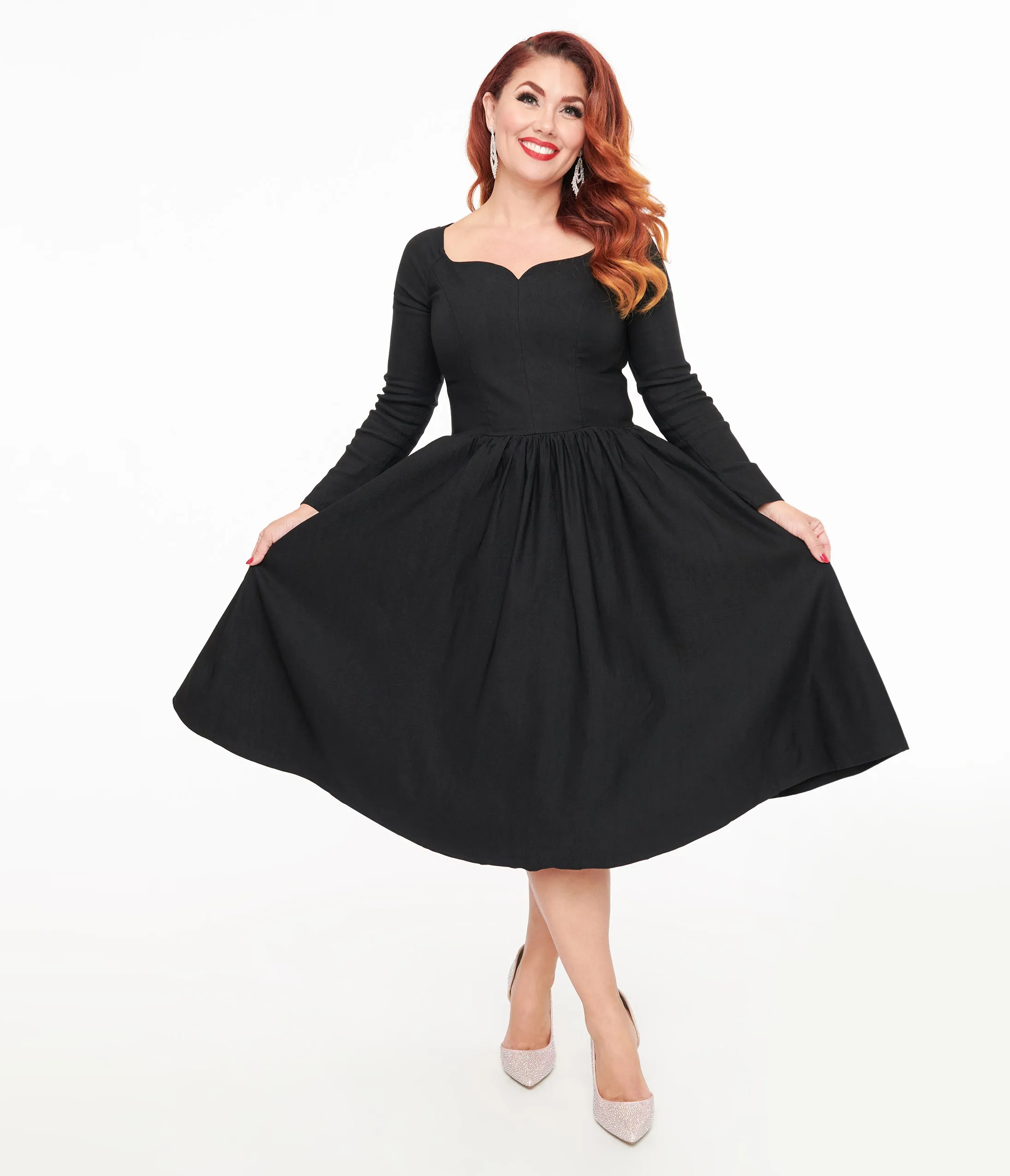 Unique Vintage 1950s Solid Black Sweetheart Swing Dress sold by Unique Vintage