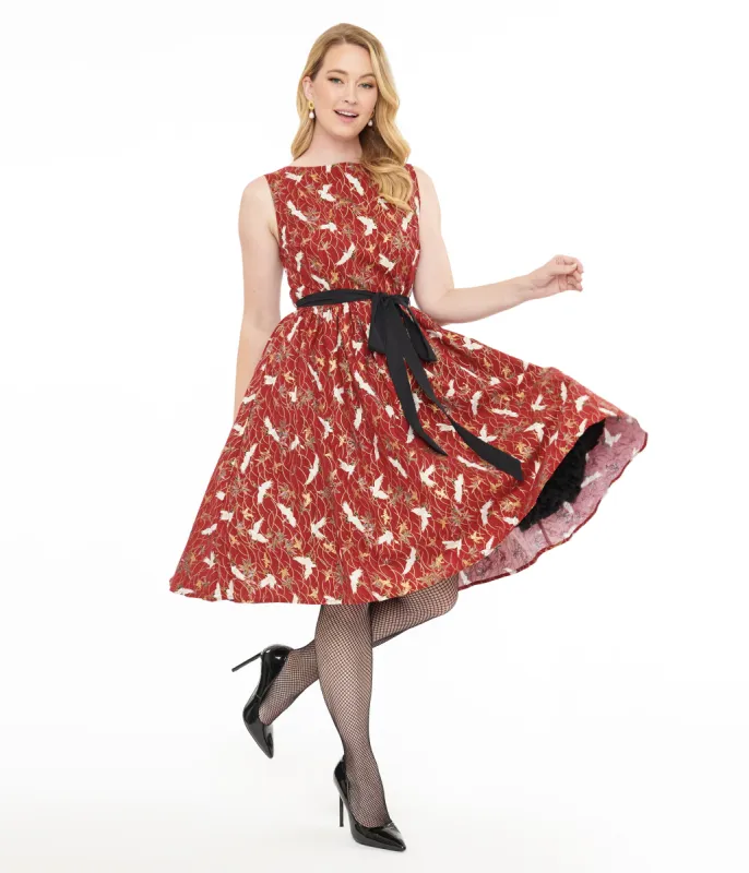 Unique Vintage 1950s Burgundy Fall Crane Sleeveless Swing Dress sold by Unique Vintage