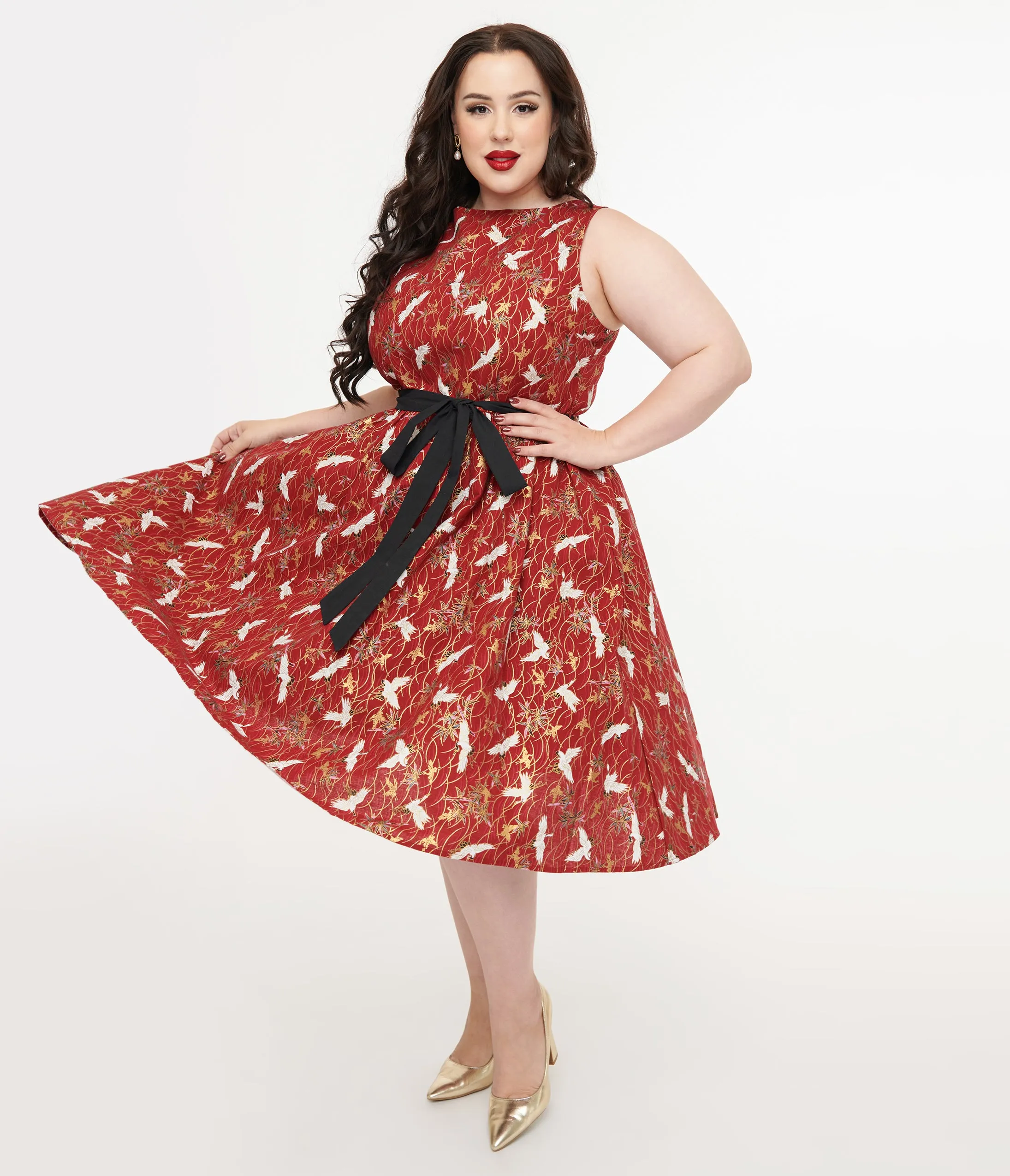 Unique Vintage Plus Size 1950s Burgundy Fall Crane Sleeveless Swing Dress sold by Unique Vintage