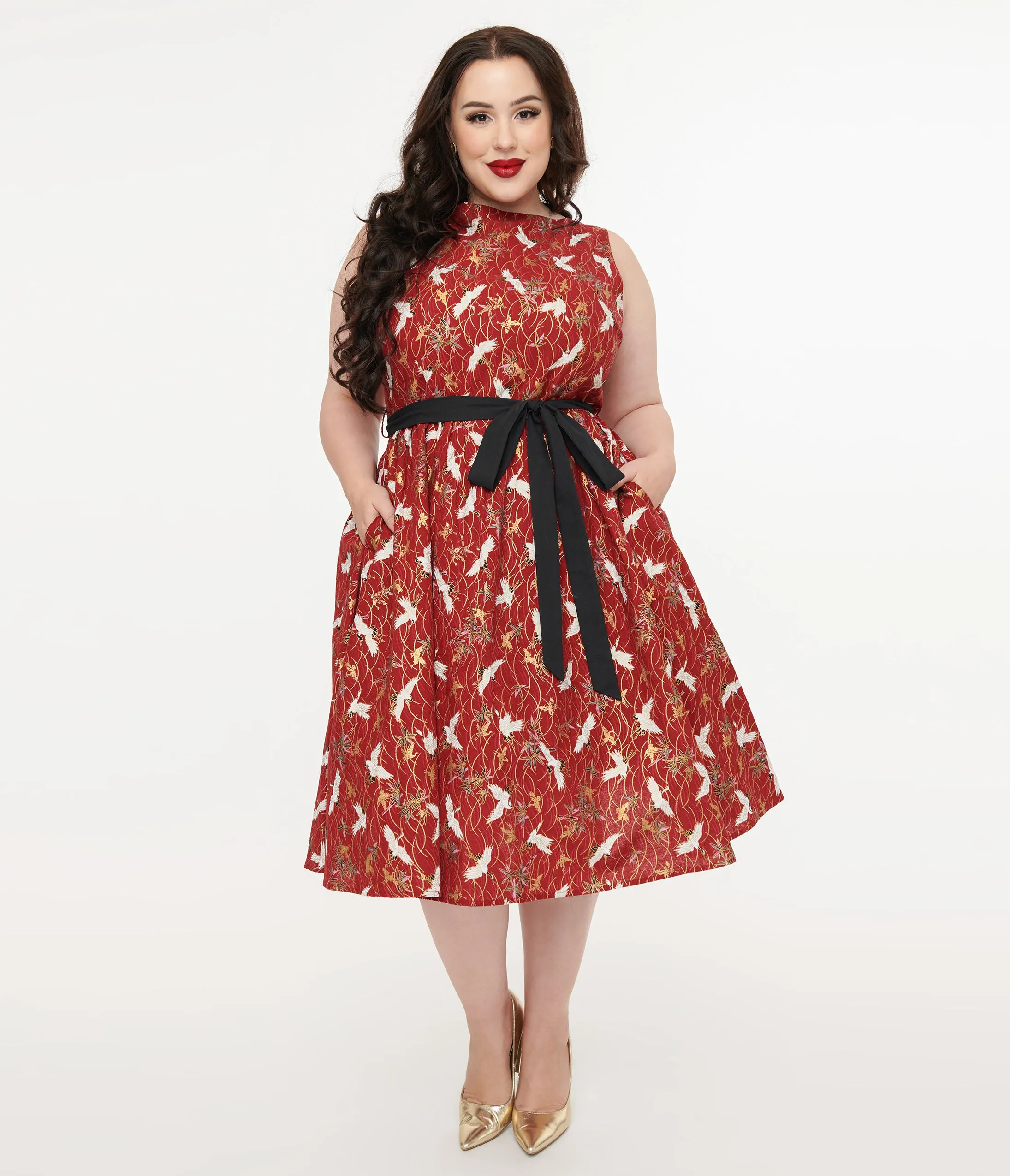 Unique Vintage Plus Size 1950s Burgundy Fall Crane Sleeveless Swing Dress sold by Unique Vintage product image thumbnail 3
