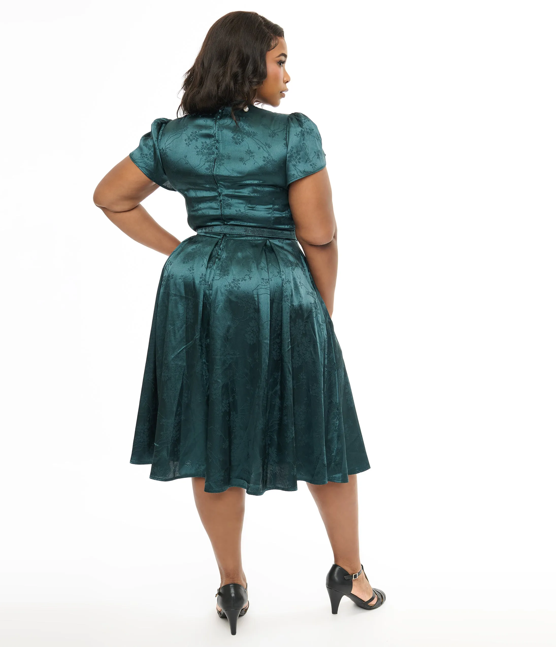 Unique Vintage Plus Size 1940s Teal Floral Print Dahlia Swing Dress sold by Unique Vintage product image thumbnail 3