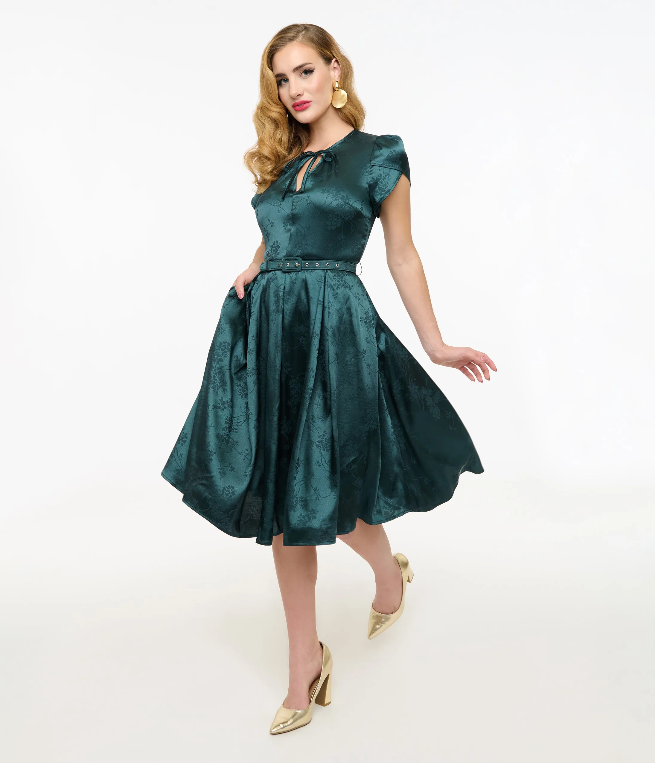 Unique Vintage 1940s Teal Floral Print Dahlia Swing Dress sold by Unique Vintage