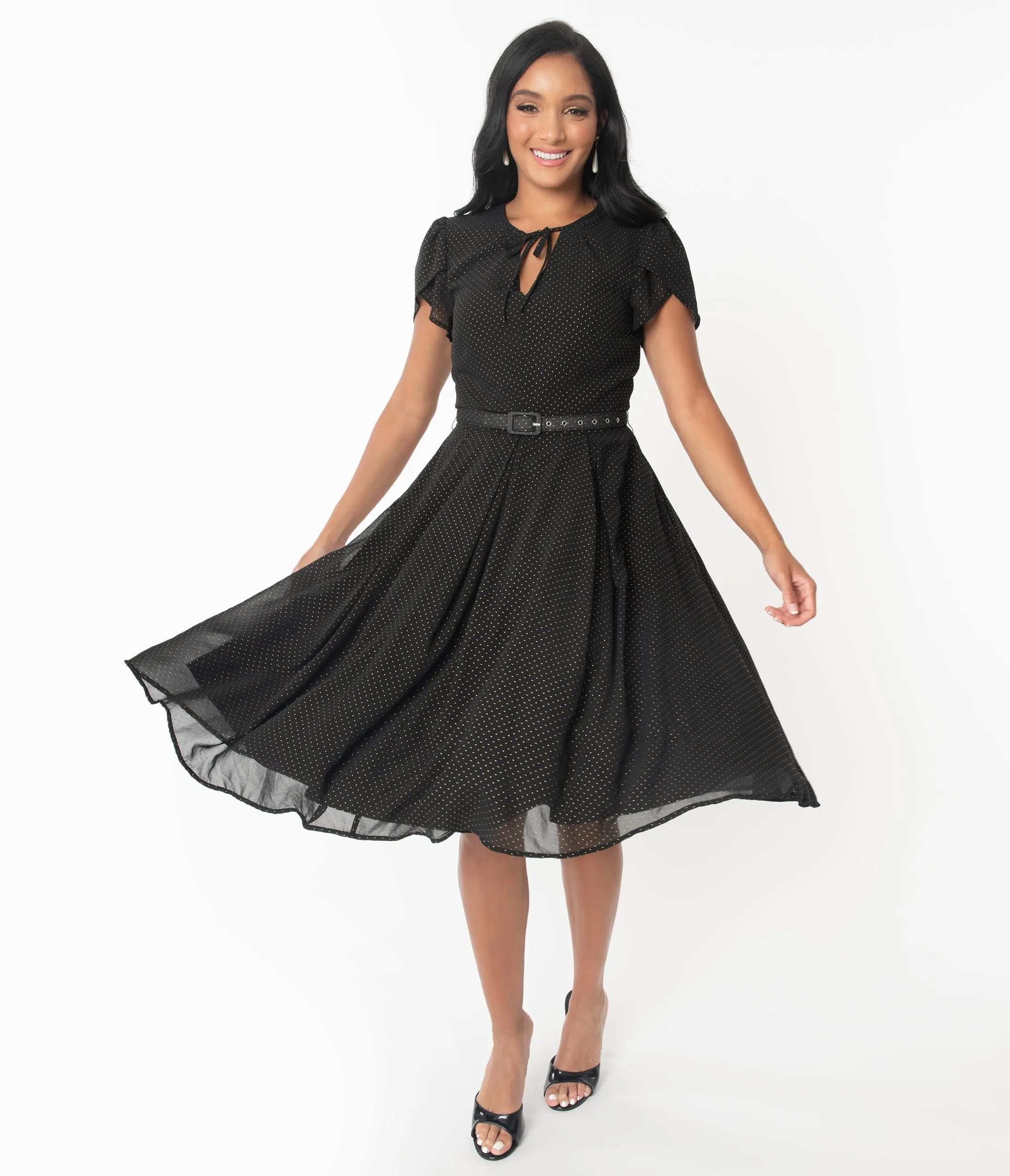 Unique Vintage 1950s Black & Gold Pin Dot Dahlia Swing Dress sold by Unique Vintage product image thumbnail 4