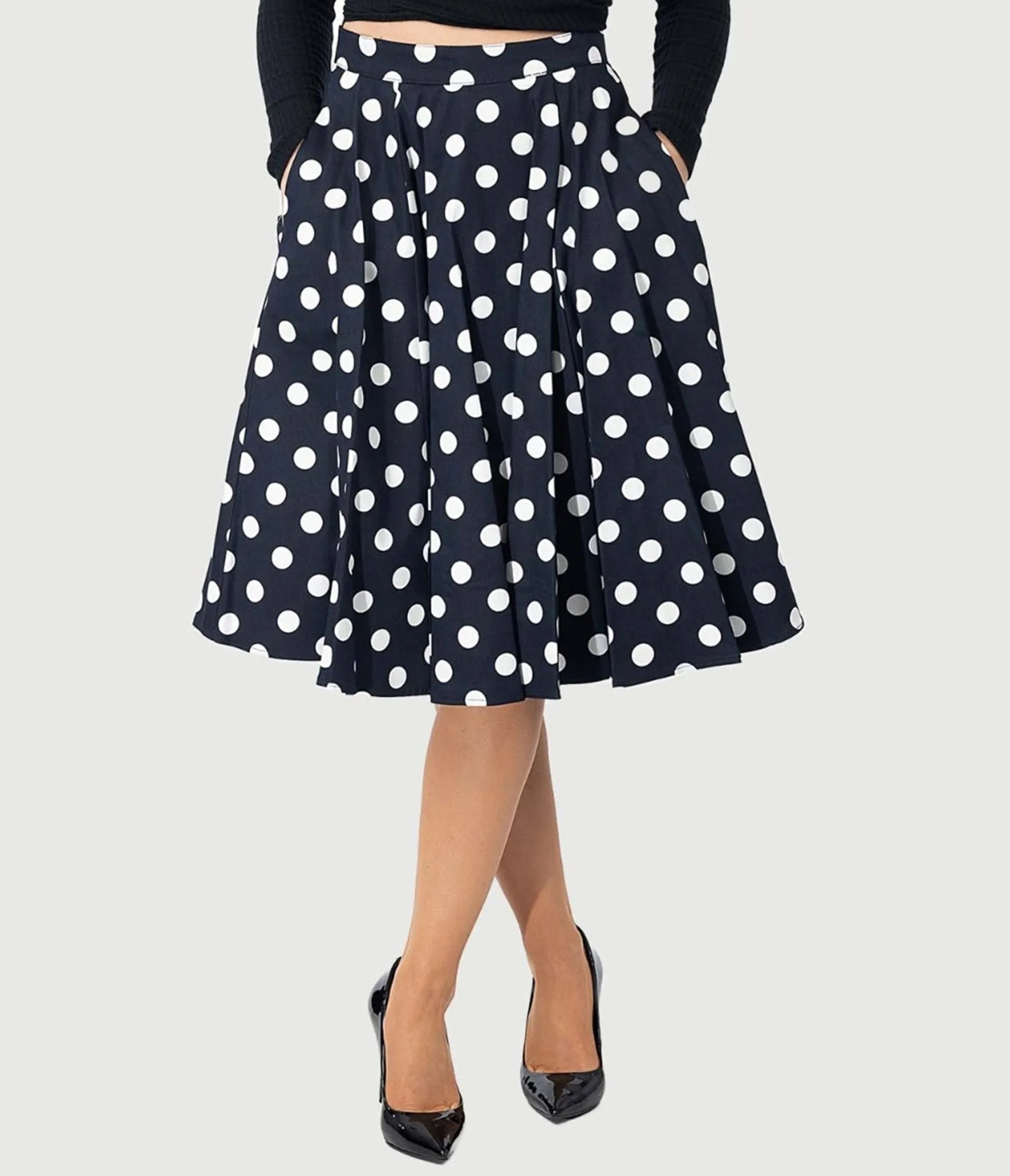 Eva Rose 1950s Black & White Polka Dot Flare Skirt sold by Unique Vintage