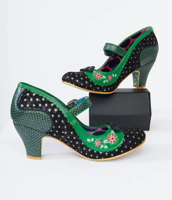 Irregular Choice Black & Green Flower Flounce Mary Jane Heels sold by Unique Vintage