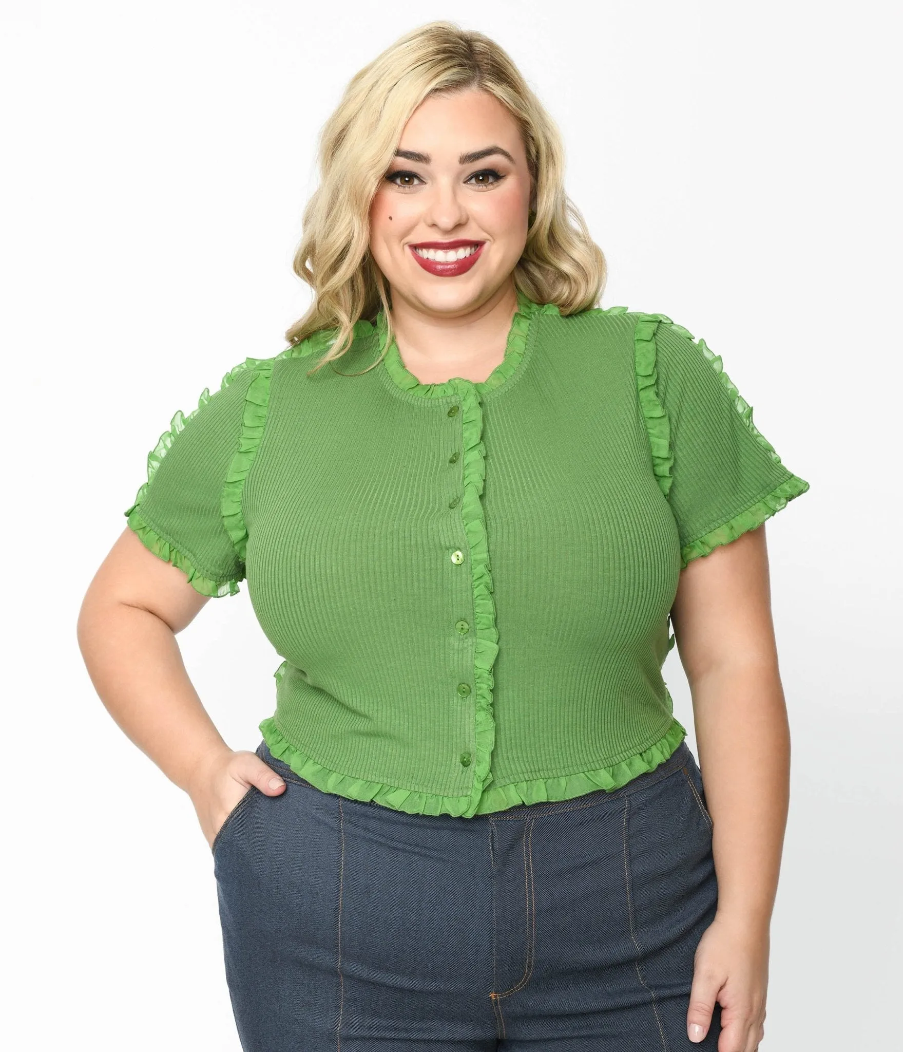 Cactus Green Ruffle Edge Knit Top sold by Unique Vintage