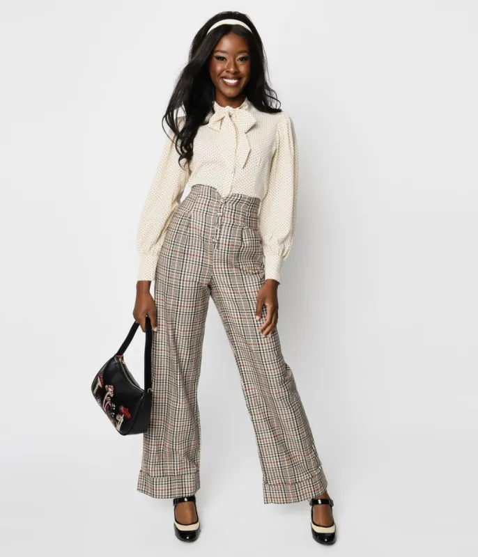 Unique Vintage 1940s Beige Plaid Buttoned Wide Leg Trousers sold by Unique Vintage