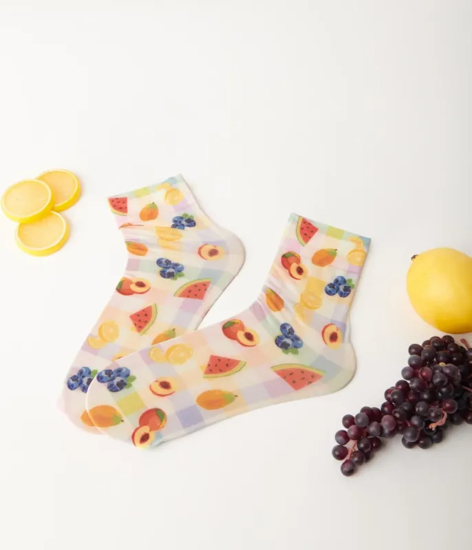 Gingham Fruit Sheer Crew Socks sold by Unique Vintage