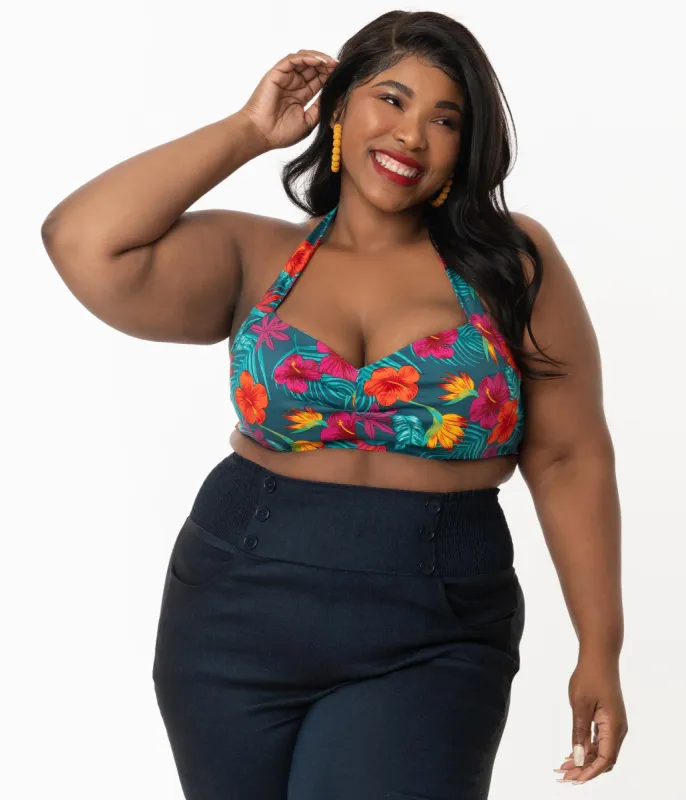Collectif Plus Size 1960s Teal & Tropico Floral Print Halter Adriana Crop Top sold by Unique Vintage