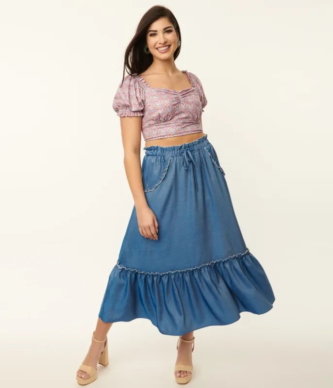 Unique Vintage 1970s Chambray Ruffle Tiered Midi Skirt sold by Unique Vintage