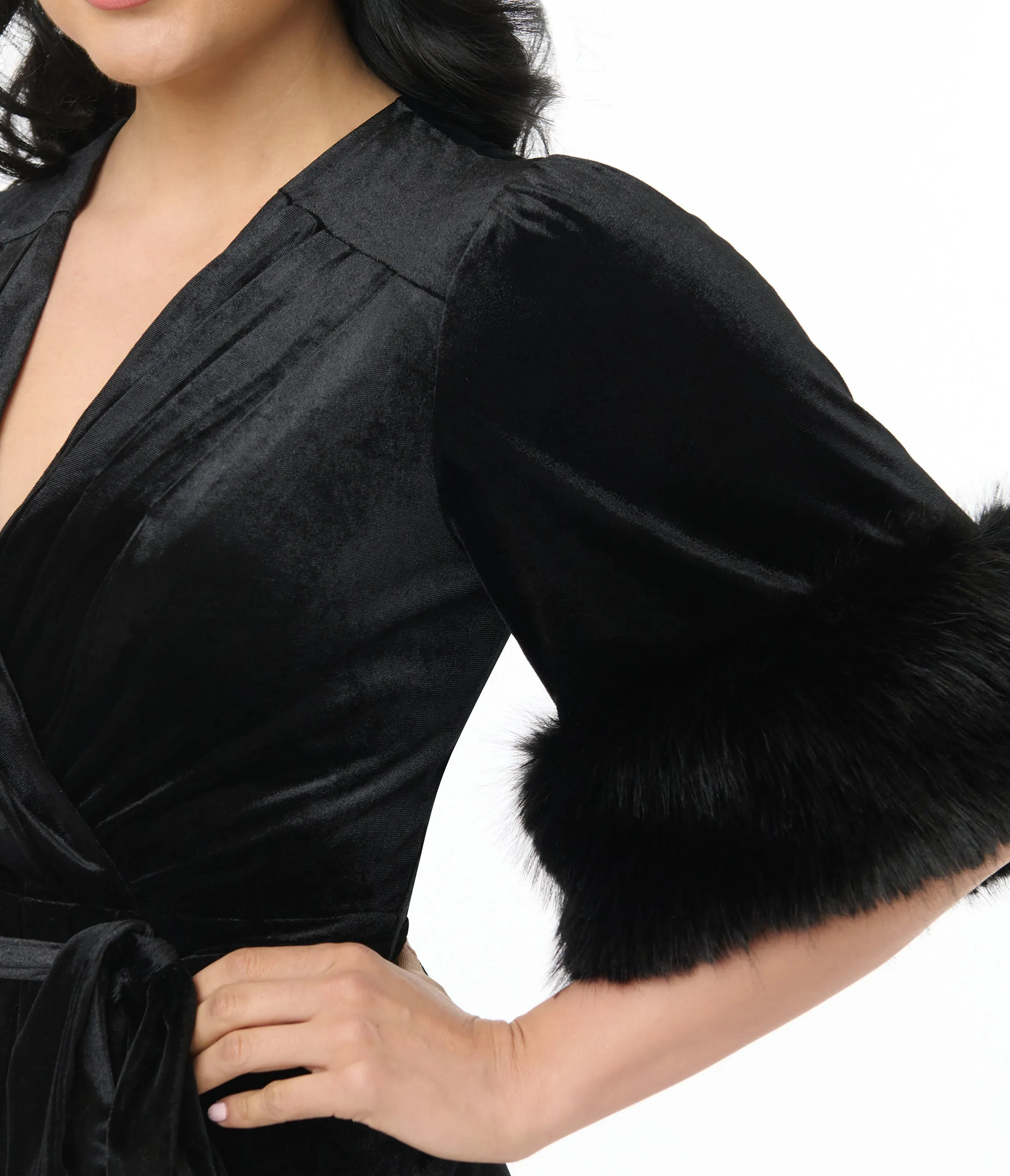Elle Rebel 1940s Black Velvet Fifth Avenue Wrap Pencil Dress sold by Unique Vintage product image thumbnail 2