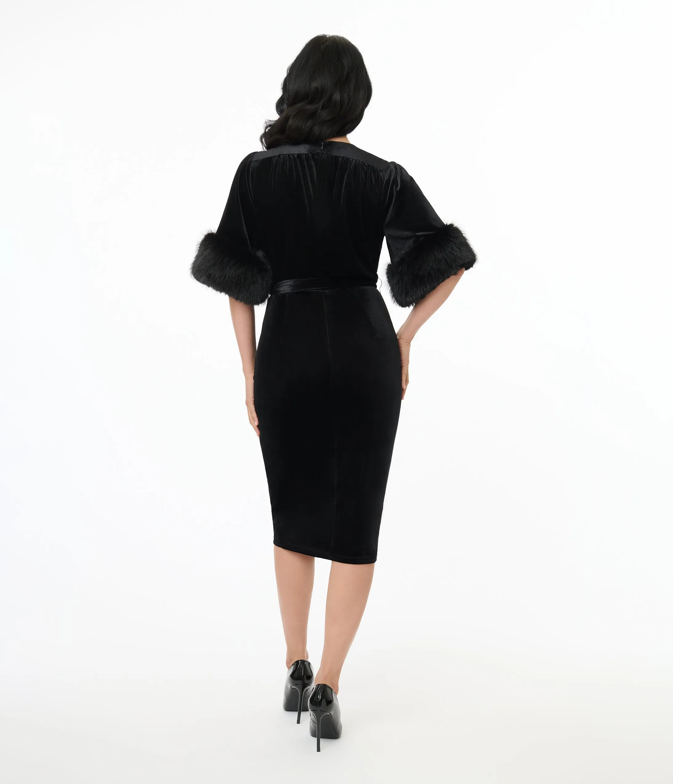 Elle Rebel 1940s Black Velvet Fifth Avenue Wrap Pencil Dress sold by Unique Vintage product image thumbnail 3