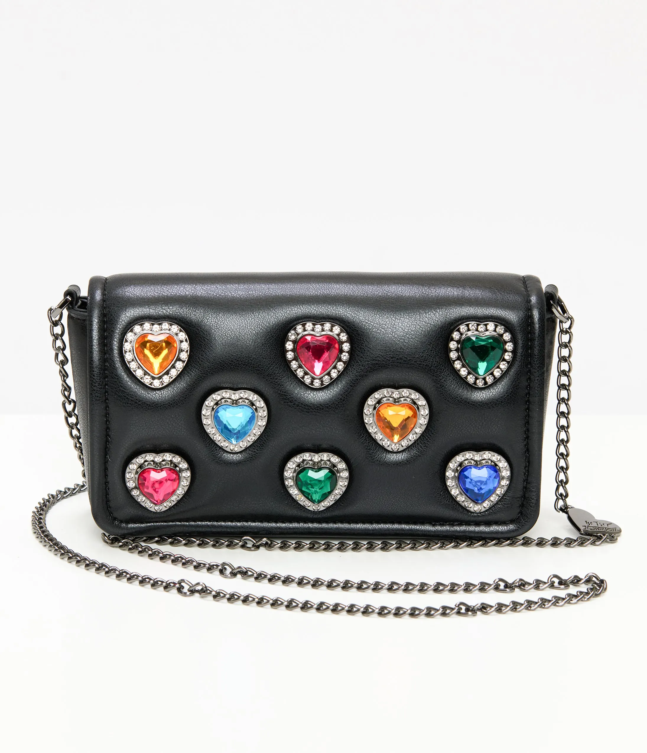 Betsey Johnson Black Leatherette Bejeweled Hearts Crossbody Bag sold by Unique Vintage