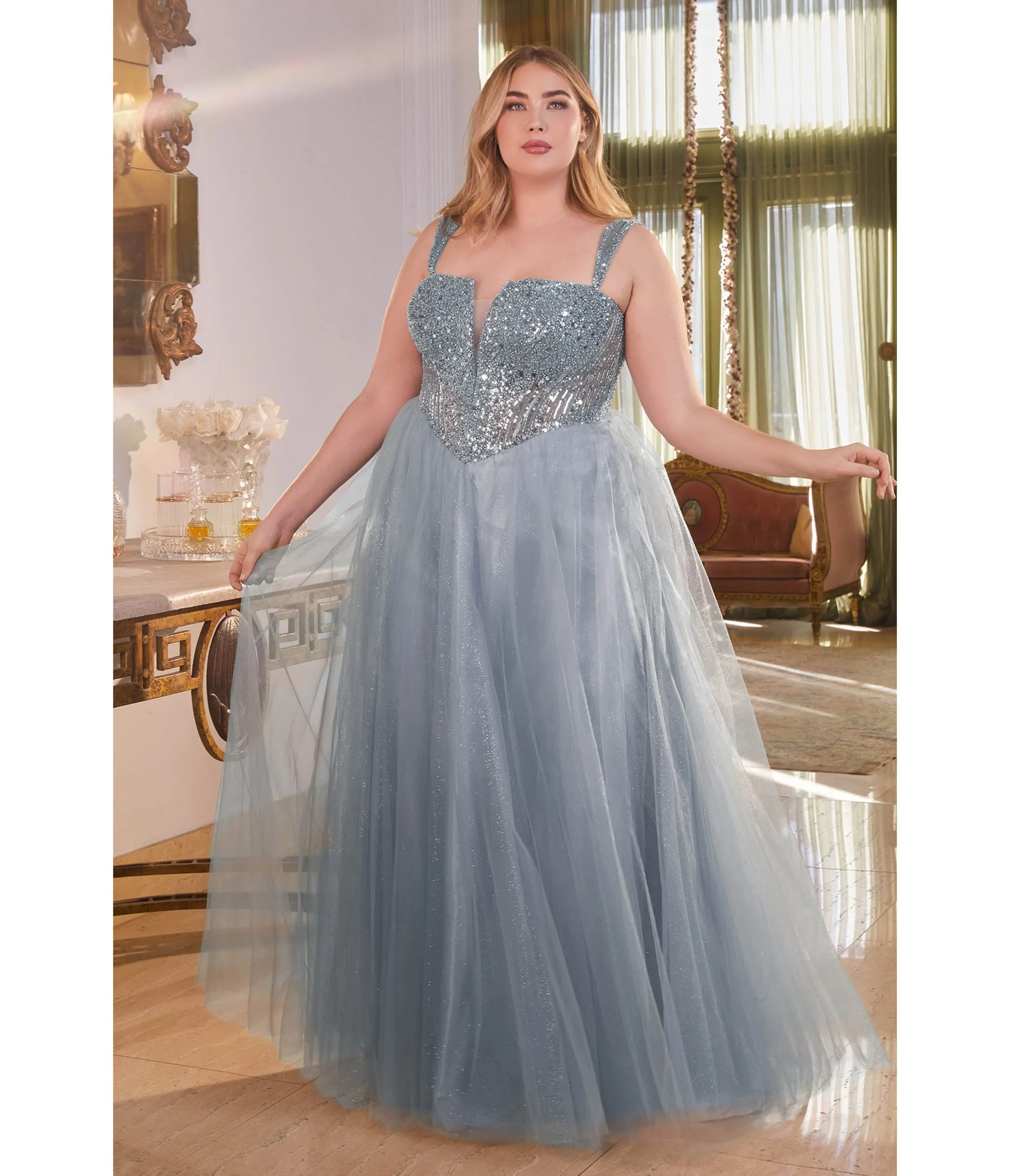 Cinderella Divine Plus Size Smoky Blue Glitter Bodice & Tulle Prom Ball Gown sold by Unique Vintage