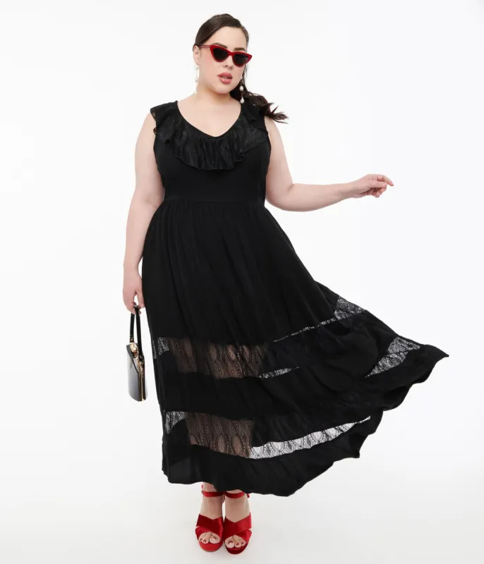 Hell Bunny Plus Size 1970s Black Lace Stripe Maxi Dress sold by Unique Vintage