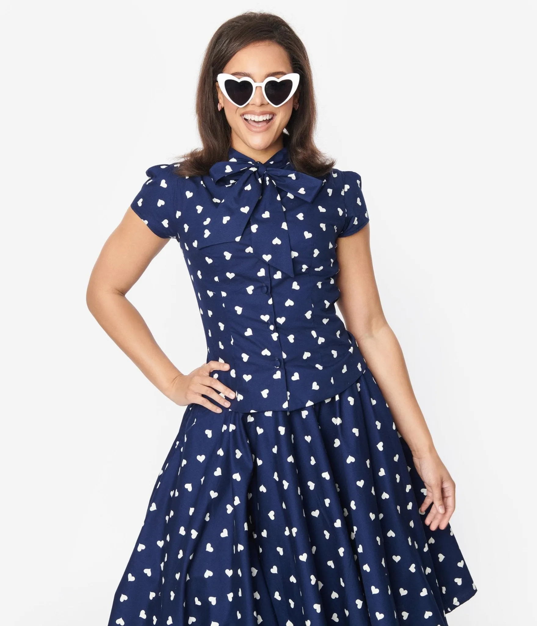 Magnolia Place Navy & White Hearts Estelle Bow Blouse sold by Unique Vintage product image thumbnail 4