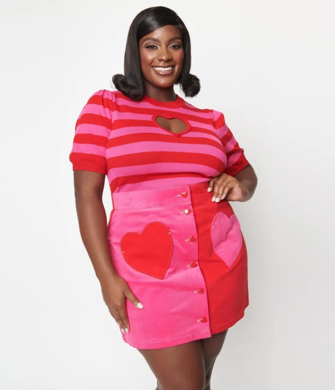 Smak Parlour Plus Size Red & Pink Stripe Keyhole Heart Sweater made by Unique Vintage