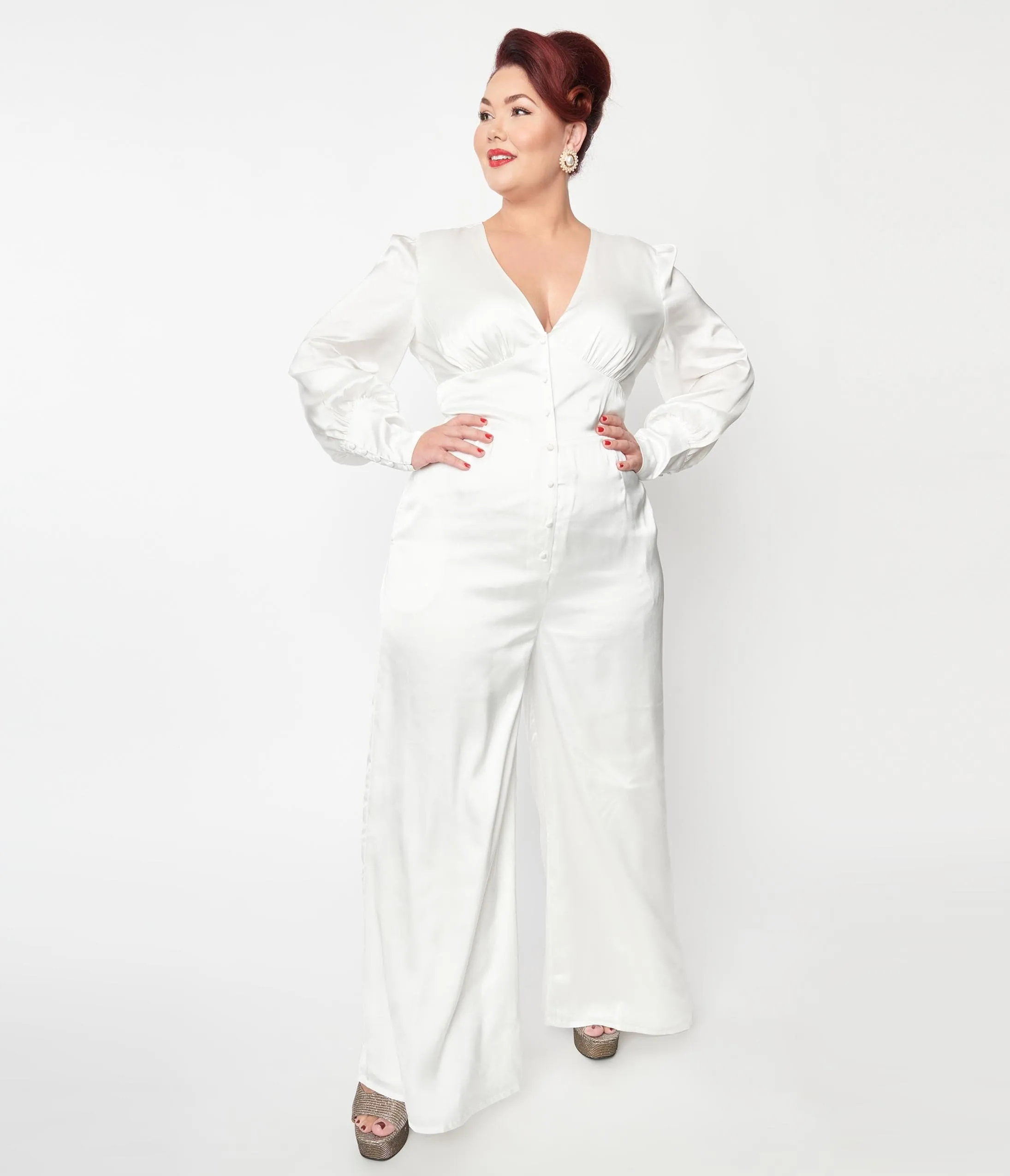 Plus Size Ivory Satin Marina Jumpsuit sold by Unique Vintage