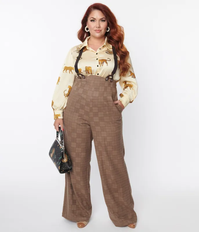 Unique Vintage Plus Size 1930s Brown Windowpane Plaid Suspender Pants sold by Unique Vintage