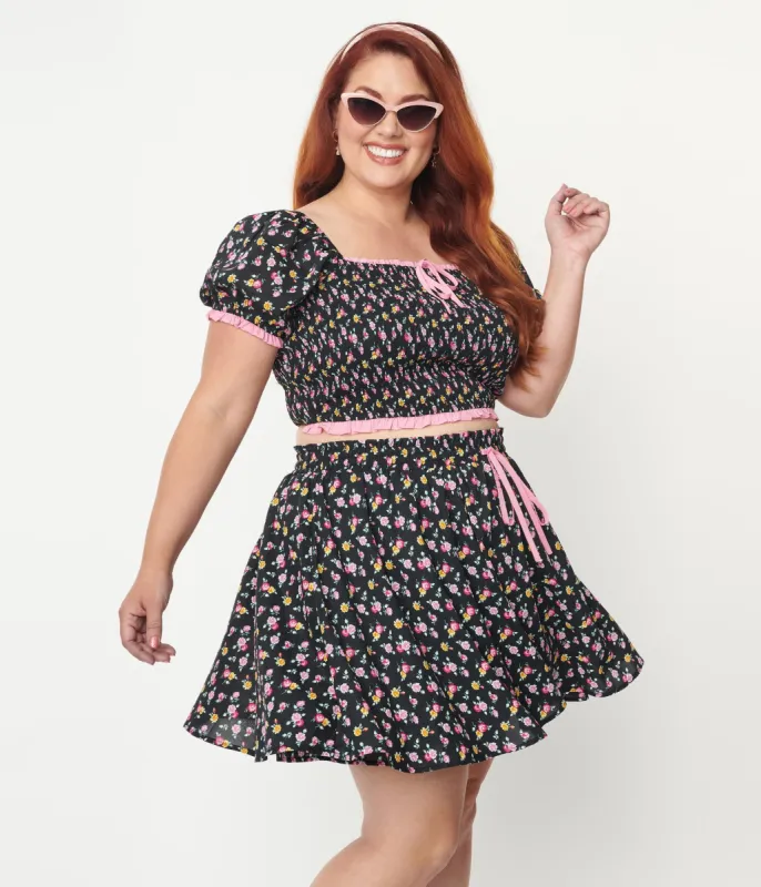 Unique Vintage Plus Size Black & Pink Ditsy Floral Crop Top sold by Unique Vintage