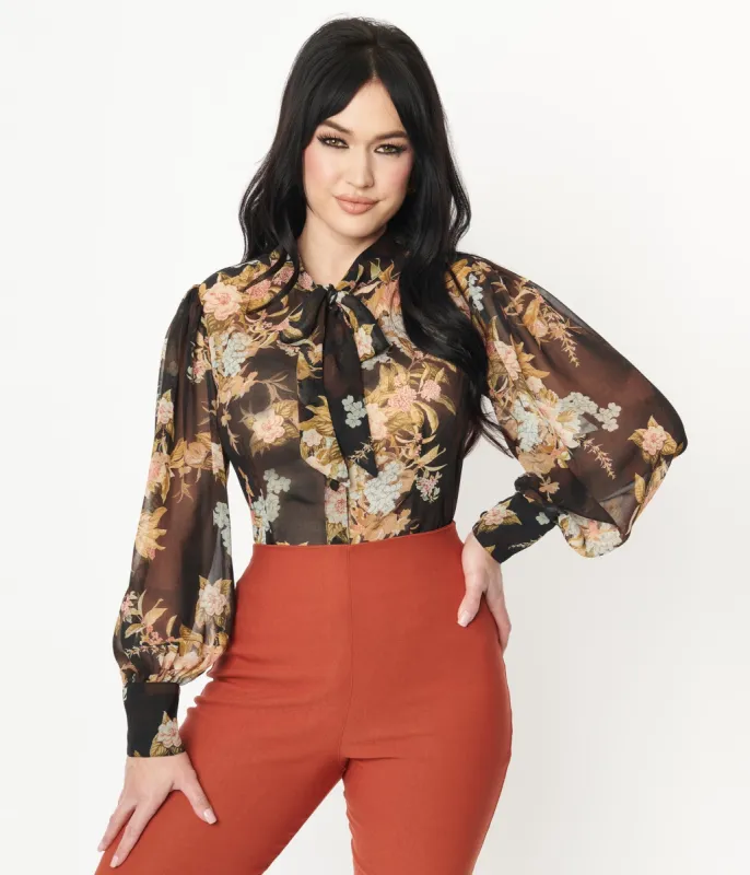 Unique Vintage 1930s Black & Vintage Floral Bouquet Print Gwen Blouse sold by Unique Vintage