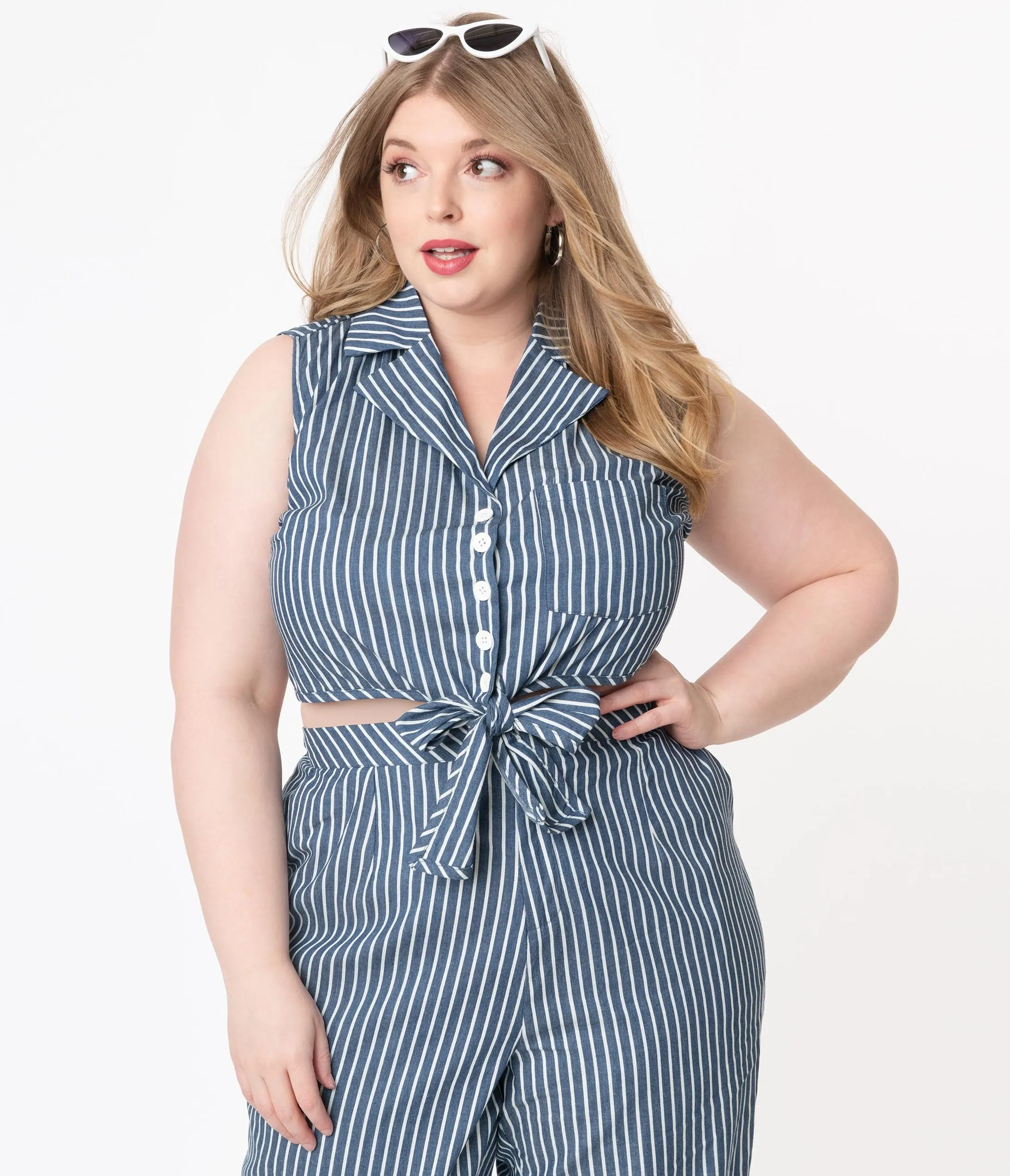 Unique Vintage Plus Size Dark Blue & White Stripe Marsha Crop Top sold by Unique Vintage