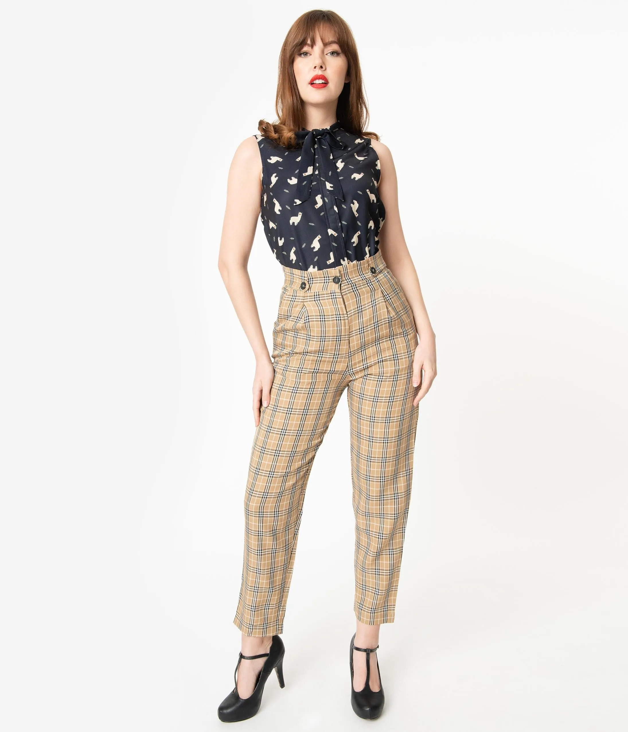 Retro Style Tan & Black Plaid High Waist Pants sold by Unique Vintage product image thumbnail 5
