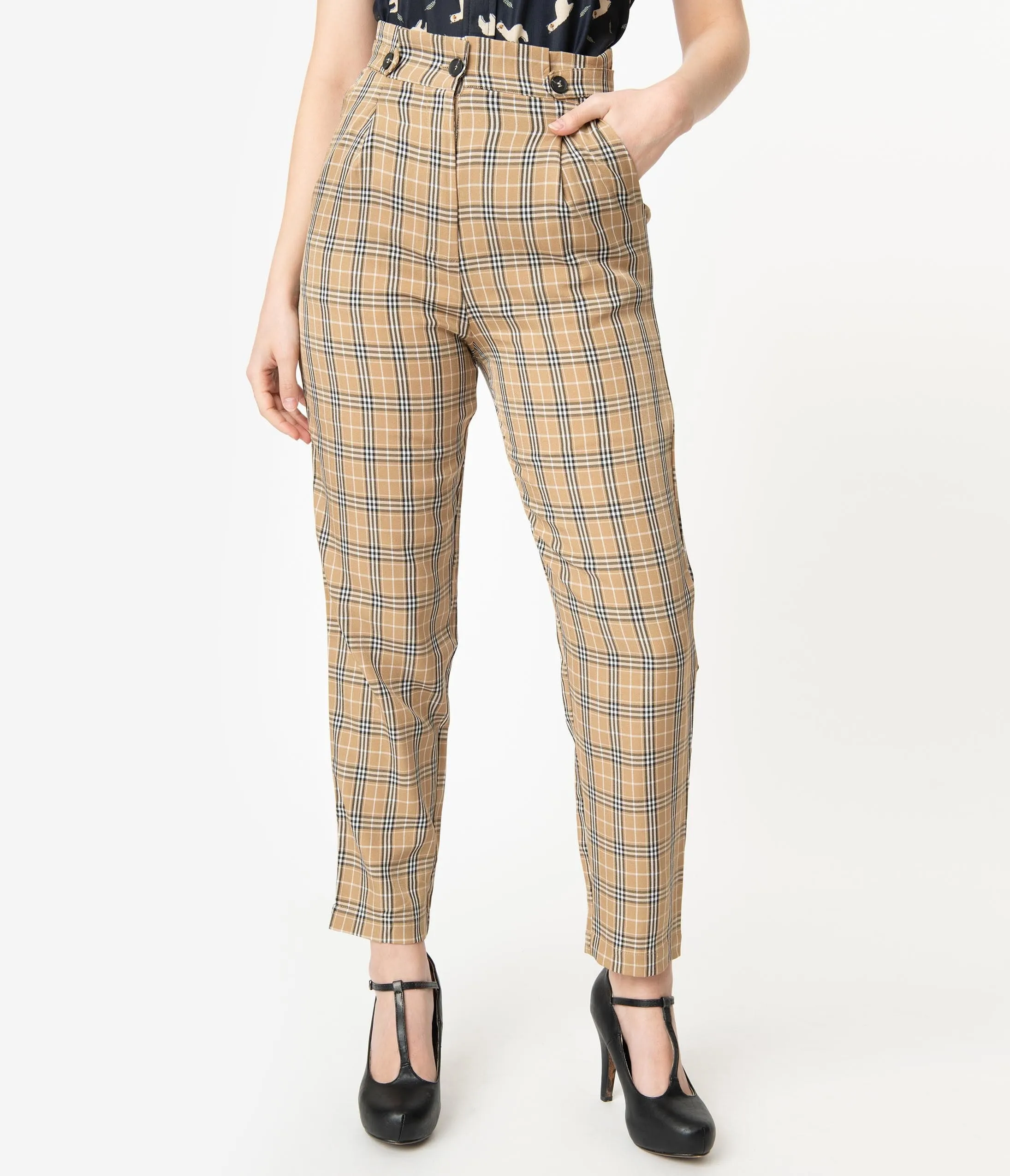 Retro Style Tan & Black Plaid High Waist Pants sold by Unique Vintage product image thumbnail 2
