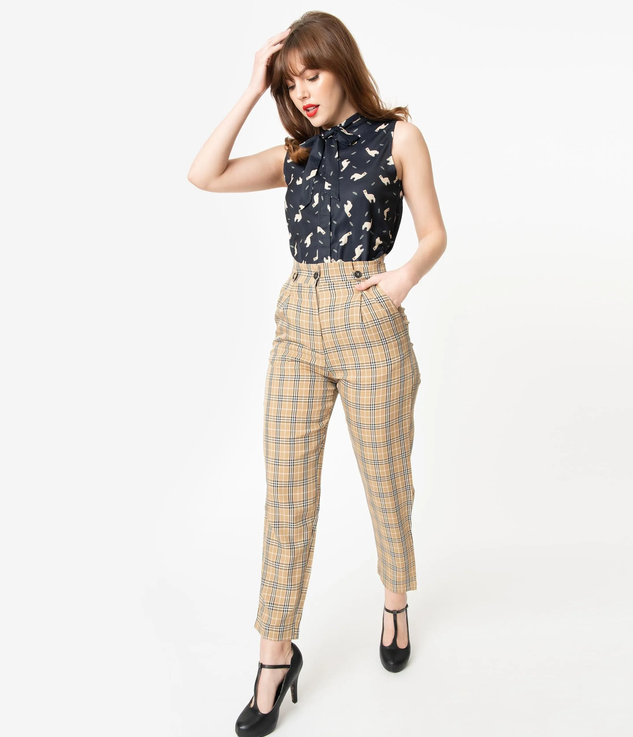Retro Style Tan & Black Plaid High Waist Pants sold by Unique Vintage product image thumbnail 4