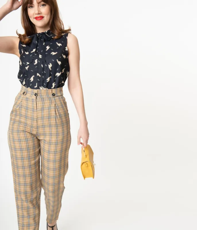 Retro Style Tan & Black Plaid High Waist Pants sold by Unique Vintage