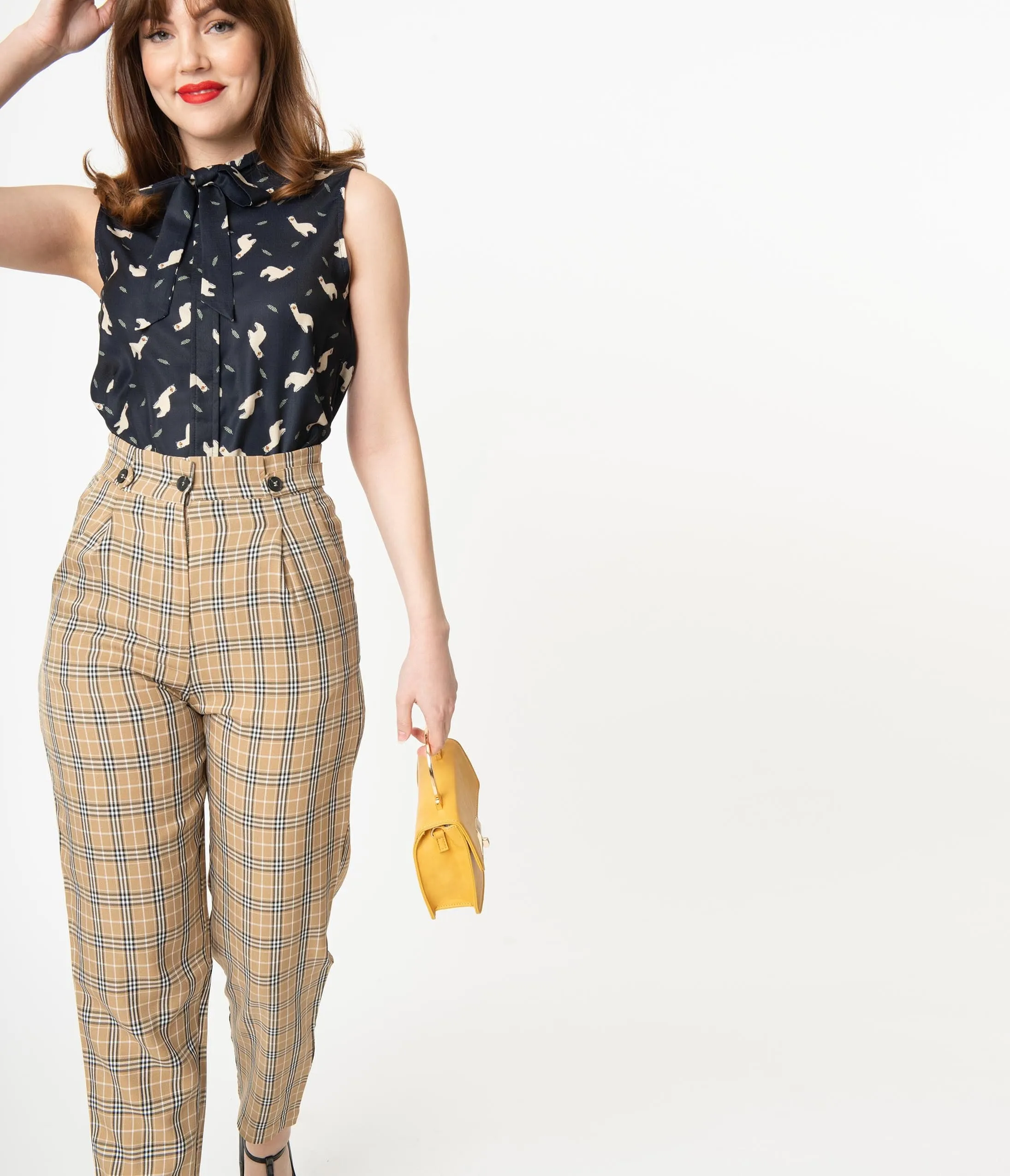 Retro Style Tan & Black Plaid High Waist Pants sold by Unique Vintage