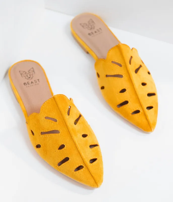 Retro Style Mustard Yellow Suede Pointed Toe Mules sold by Unique Vintage