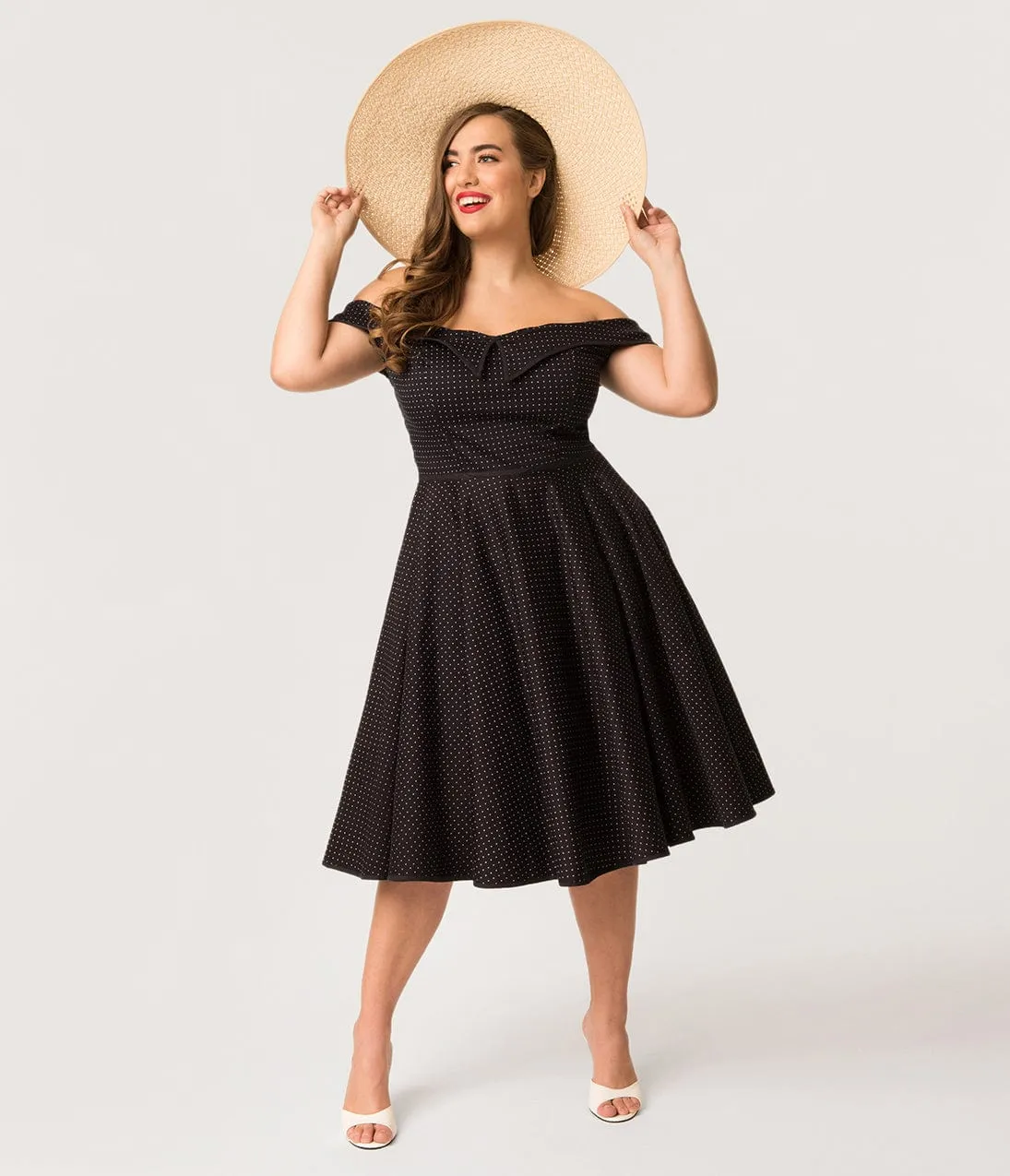 Plus Size 1950s Style Navy & White Pin Dot Off Shoulder Scarlet Swing Dress sold by Unique Vintage product image thumbnail 4