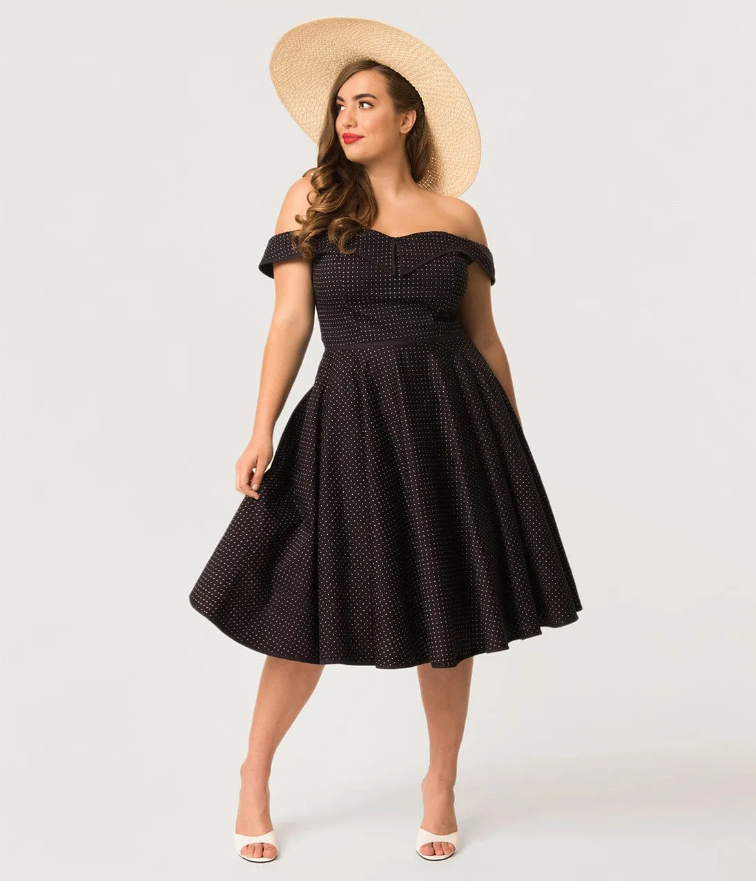 Plus Size 1950s Style Navy & White Pin Dot Off Shoulder Scarlet Swing Dress sold by Unique Vintage