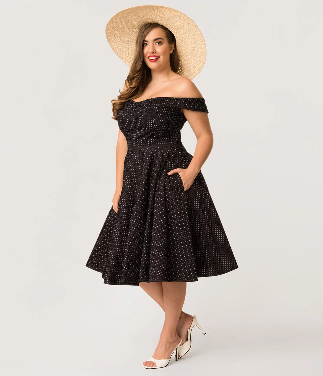 Plus Size 1950s Style Navy & White Pin Dot Off Shoulder Scarlet Swing Dress sold by Unique Vintage product image thumbnail 5