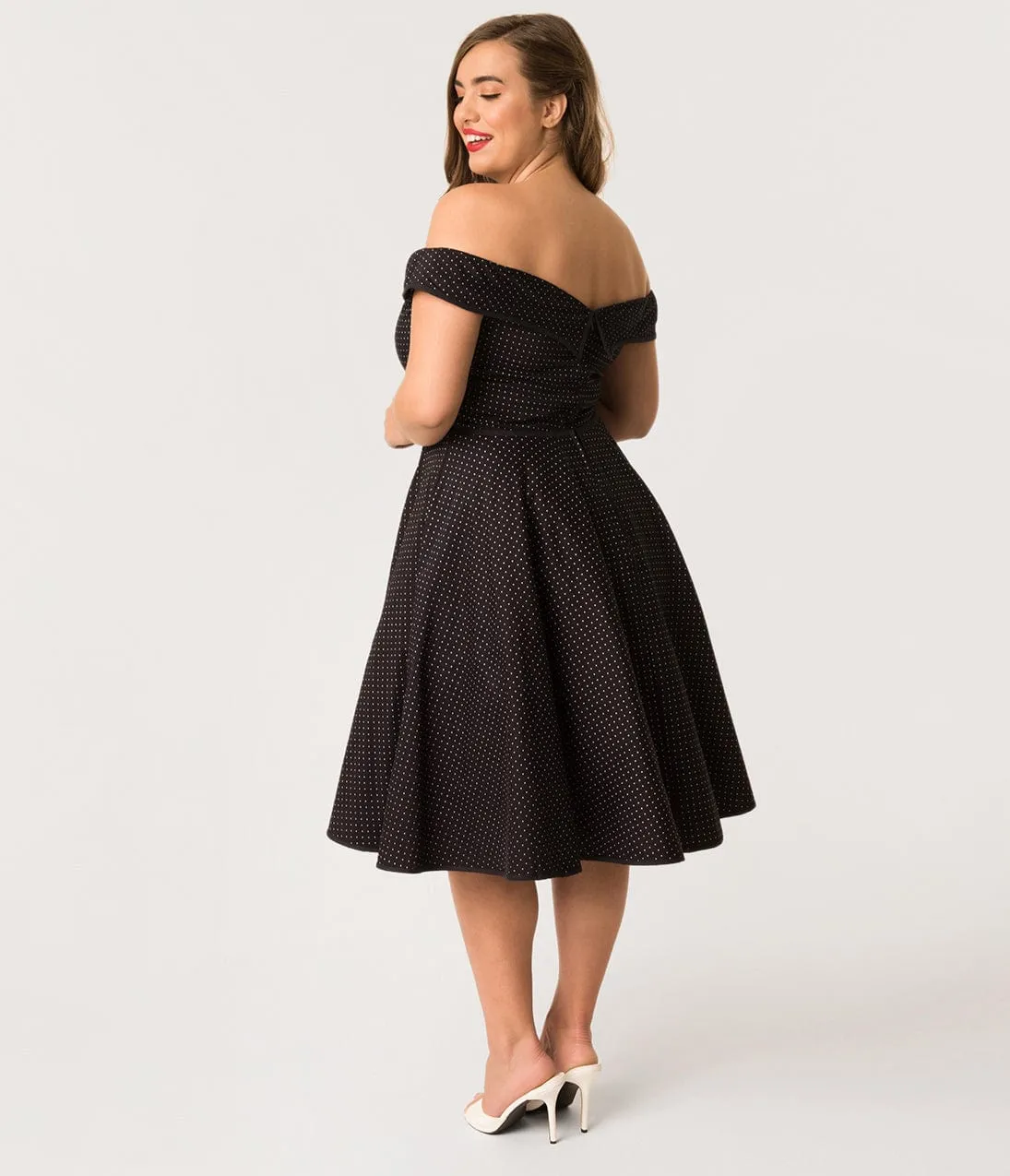 Plus Size 1950s Style Navy & White Pin Dot Off Shoulder Scarlet Swing Dress sold by Unique Vintage product image thumbnail 2