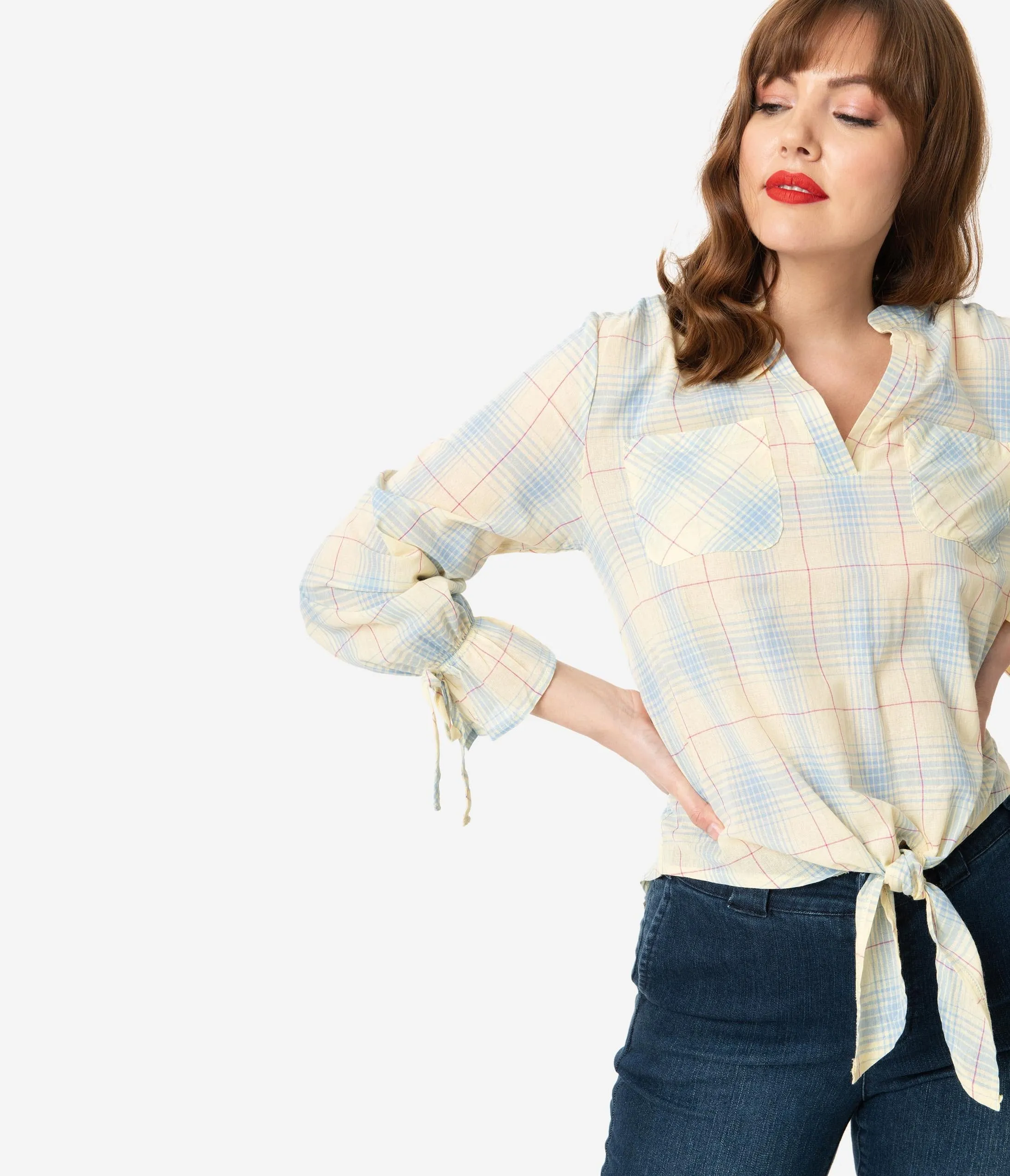 Lemon & Blue Plaid Front Tie Blouse sold by Unique Vintage product image thumbnail 4
