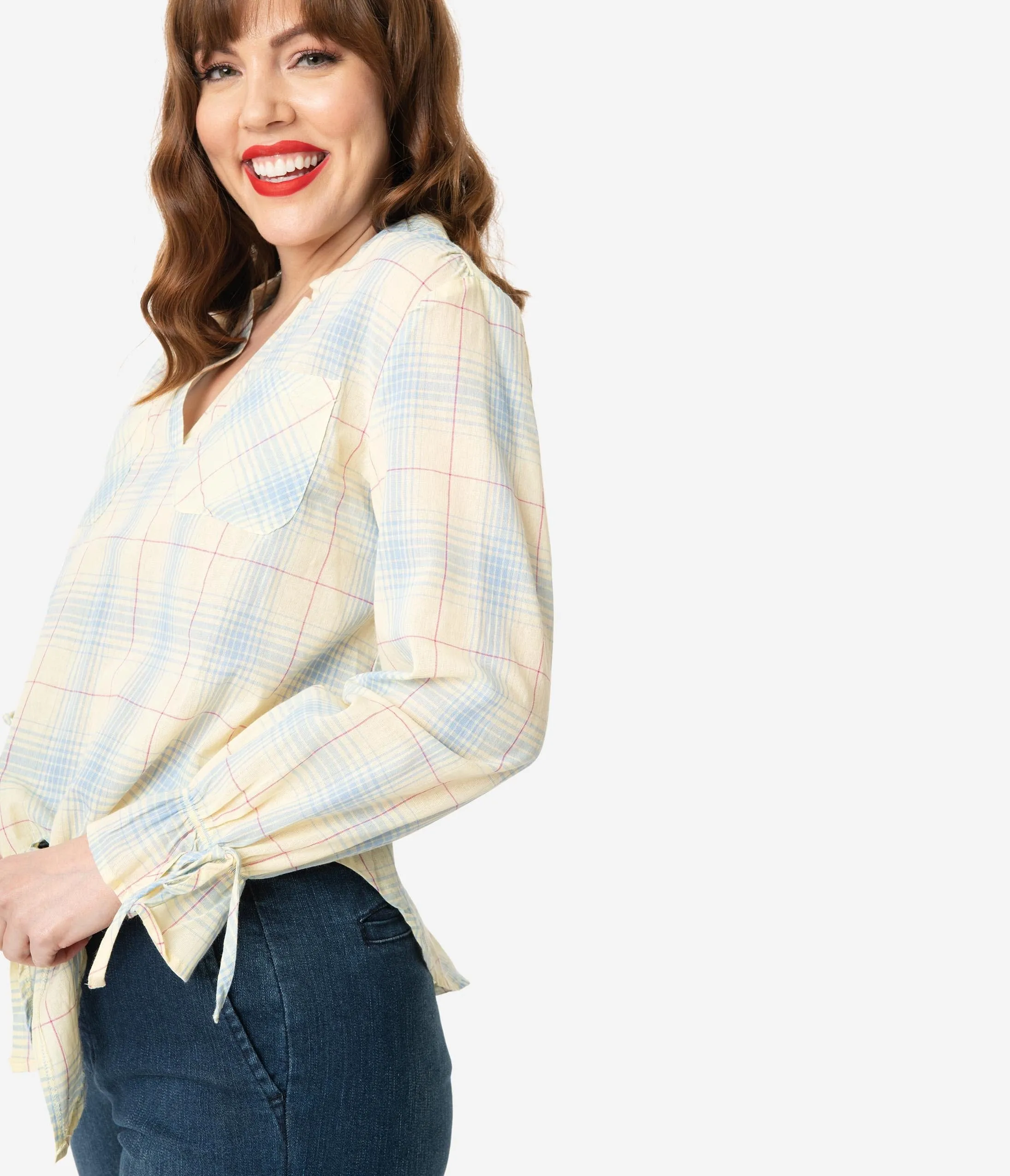 Lemon & Blue Plaid Front Tie Blouse sold by Unique Vintage product image thumbnail 5