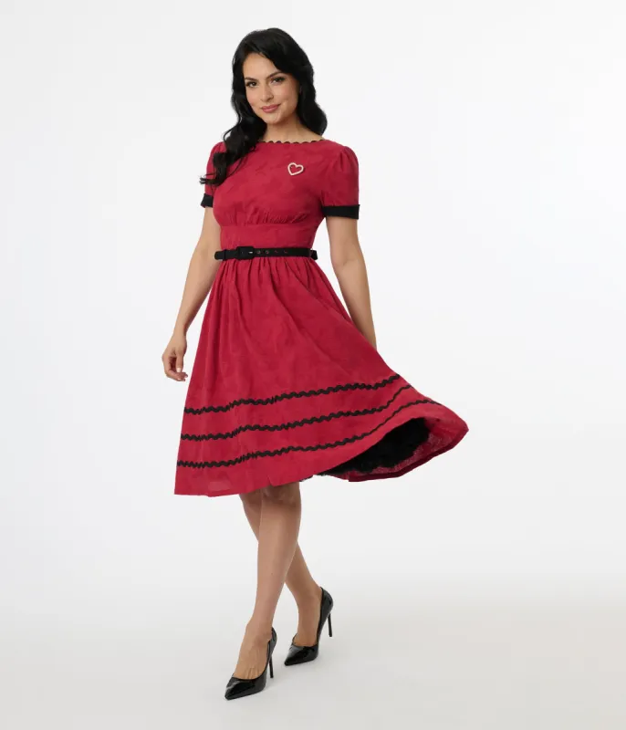 Unique Vintage 1950s Red & Faux Pearl Heart Pin Cotton Swing Dress sold by Unique Vintage