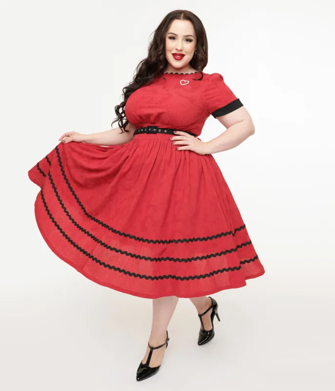 Unique Vintage Plus Size 1950s Red & Faux Pearl Heart Pin Cotton Swing Dress sold by Unique Vintage