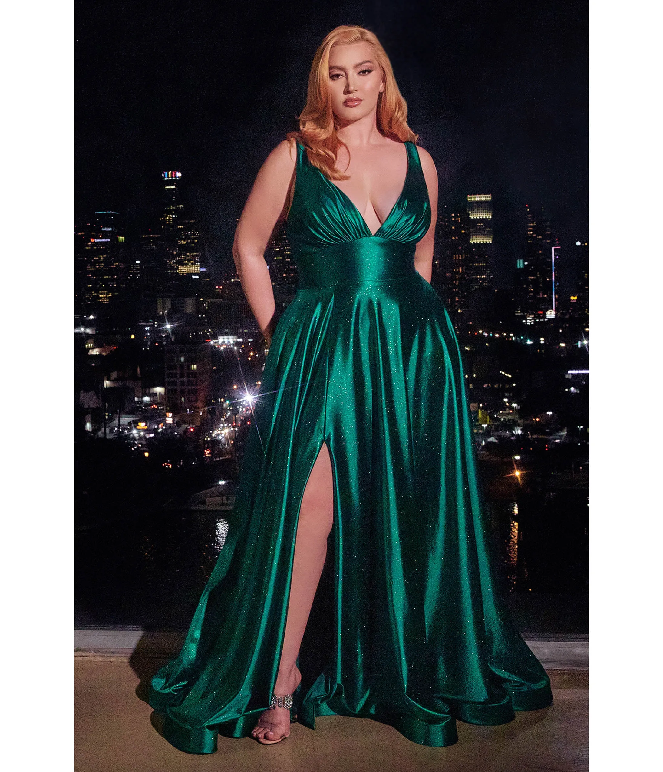 Ladivine by Cinderella Divine Plus Size Emerald Satin Prom Dress sold by Unique Vintage