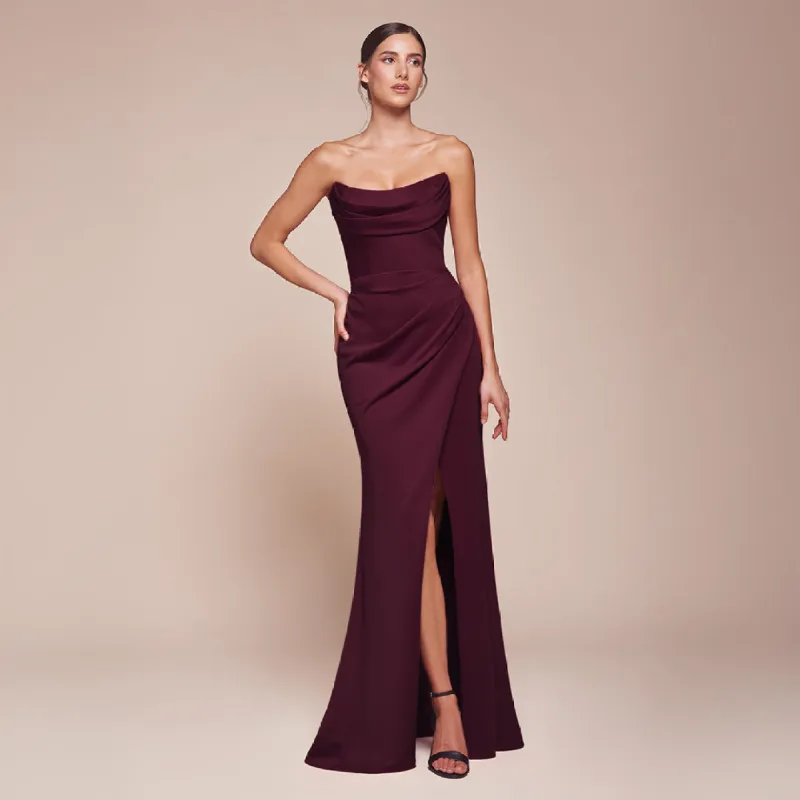 Ladivine by Cinderella Divine Wine Chiffon Strapless Slit Prom Dress sold by Unique Vintage