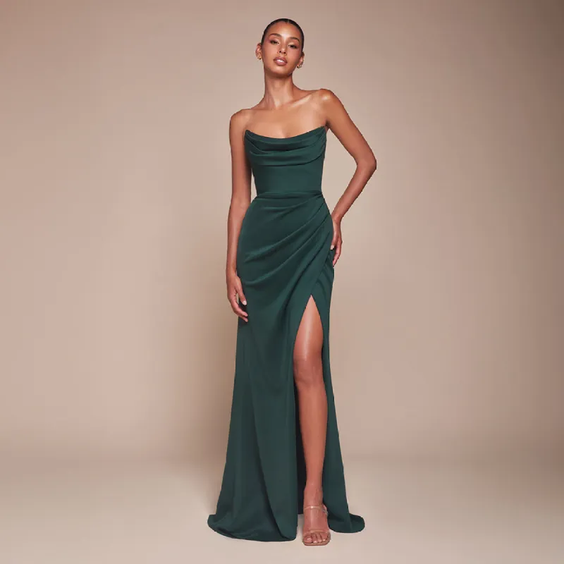 Ladivine by Cinderella Divine Emerald Chiffon Strapless Slit Prom Dress sold by Unique Vintage