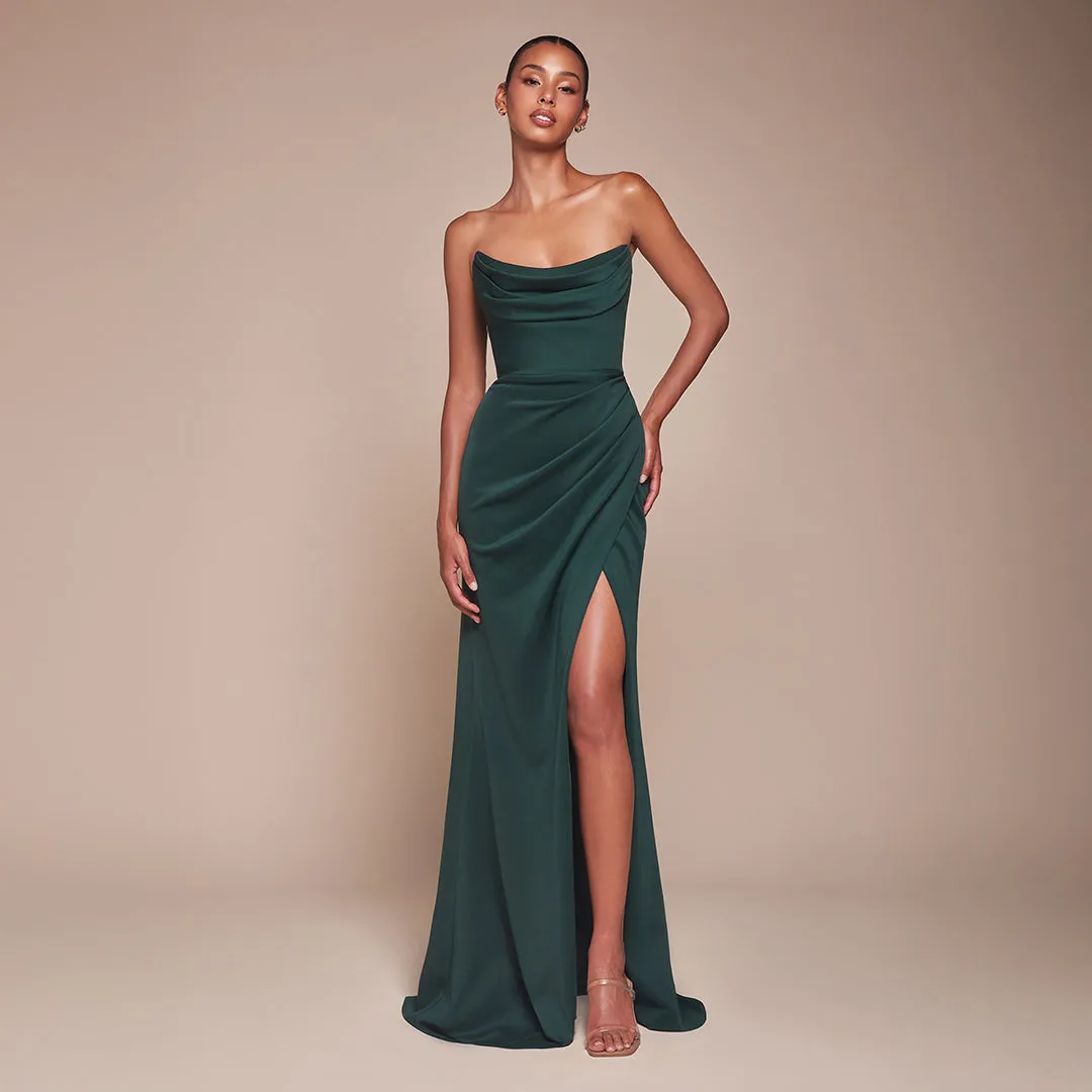 Ladivine by Cinderella Divine Emerald Chiffon Strapless Slit Prom Dress sold by Unique Vintage