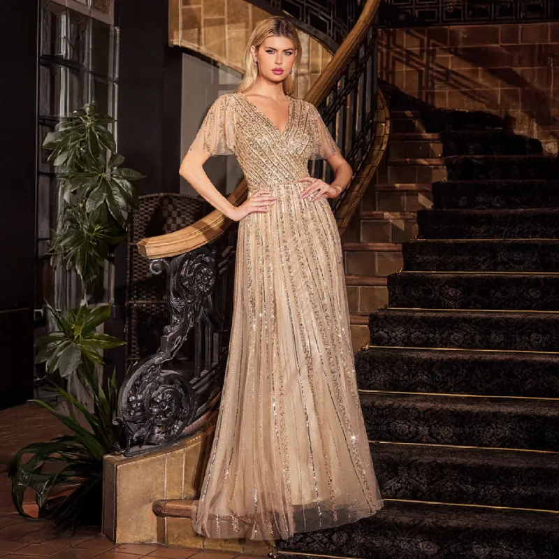 Ladivine by Cinderella Divine Gold Beaded Short Sleeve A-Line Prom Dress sold by Unique Vintage