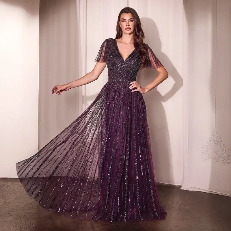 Ladivine by Cinderella Divine Eggplant Beaded Short Sleeve A-Line Prom Dress sold by Unique Vintage