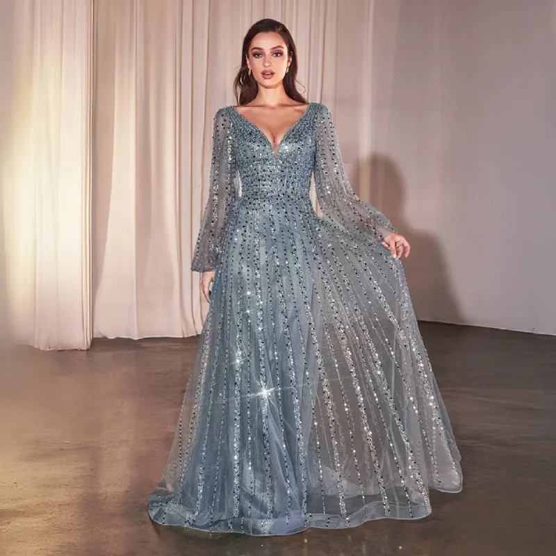Ladivine by Cinderella Divine Smoky Blue Beaded Long Sleeve A-Line Prom Dress made by Unique Vintage