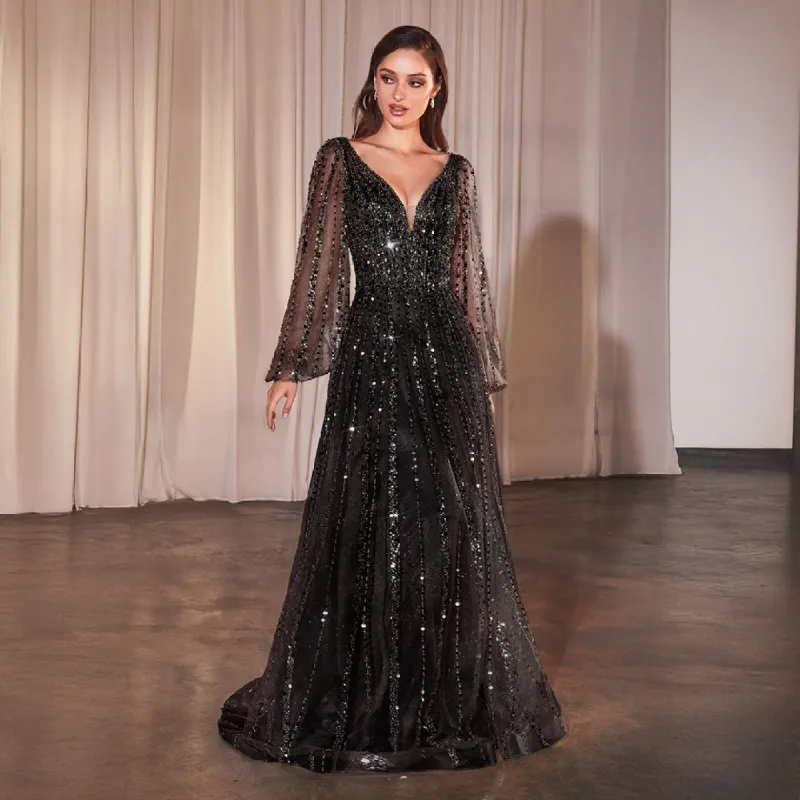 Ladivine by Cinderella Divine Black Beaded Long Sleeve A-Line Prom Dress sold by Unique Vintage