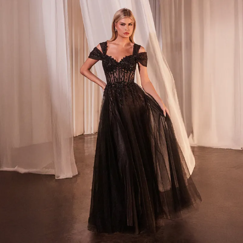 Ladivine by Cinderella Divine Black & Nude Applique Cold Shoulder A-Line Prom Dress sold by Unique Vintage