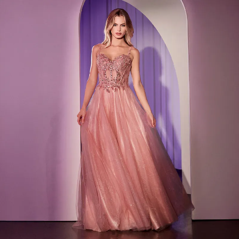 Ladivine by Cinderella Divine Rose Gold Applique Sleeveless A-Line Slit Prom Dress sold by Unique Vintage